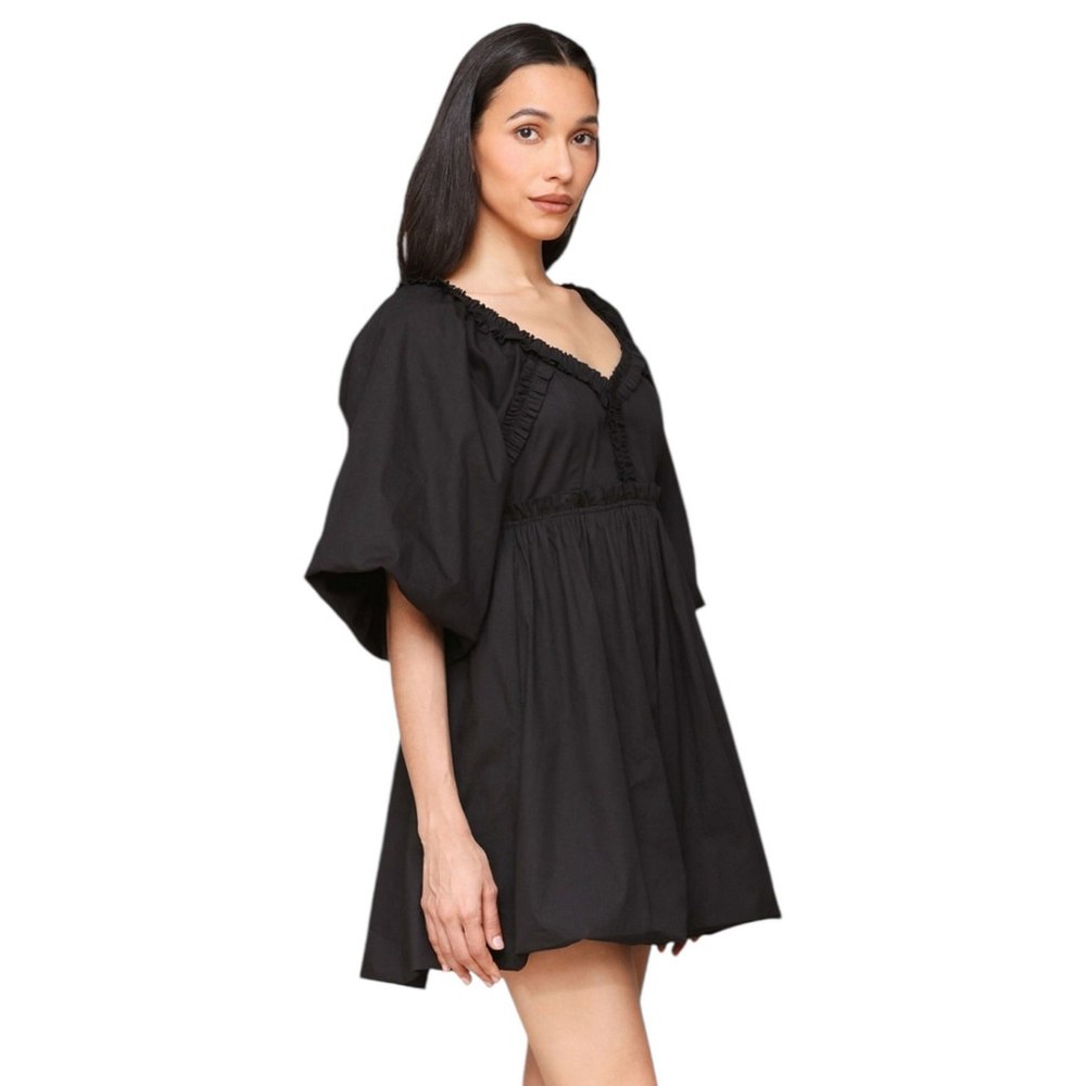 AVEC LES FILLES Cotton Puff Sleeve Bubble Hem Mini Dress Black Size M - Picture 2 of 8